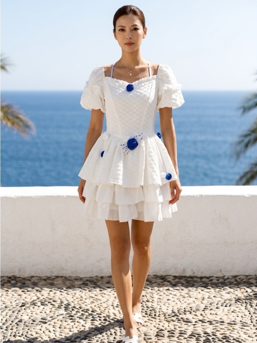 2058 - Puji White Ruffled Party Dress with Blue Rose Accents